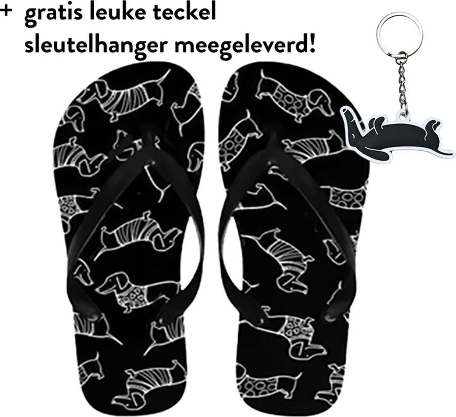 Teckel flip flops flip flop teckel teenslipper teenslippers hond teckelprint slippers badslippers zwart teckel slippers