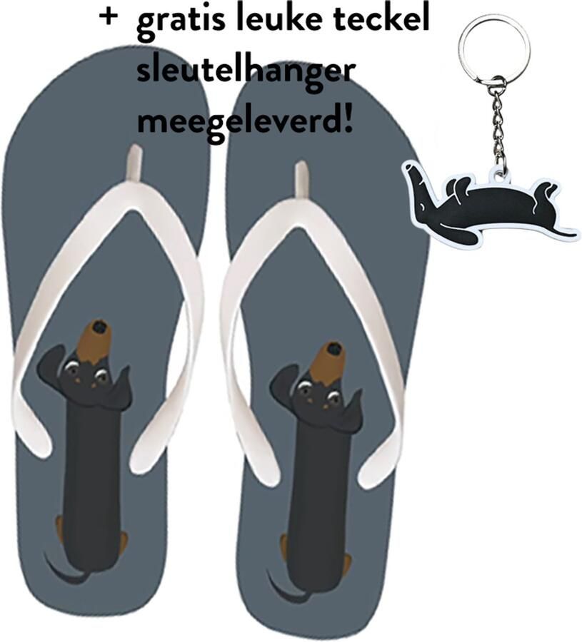 Teckel flip flops flip flop teckel teenslipper teenslippers hond teckelprint slippers badslippers grijs teckel slippers - Foto 2