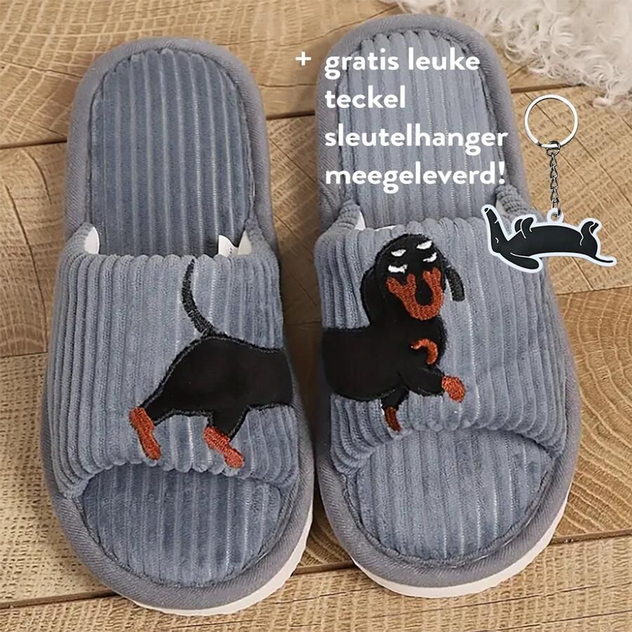 Teckel hond grijs slippers teenslippers zwarte teckel teckelprint teckel pantoffels