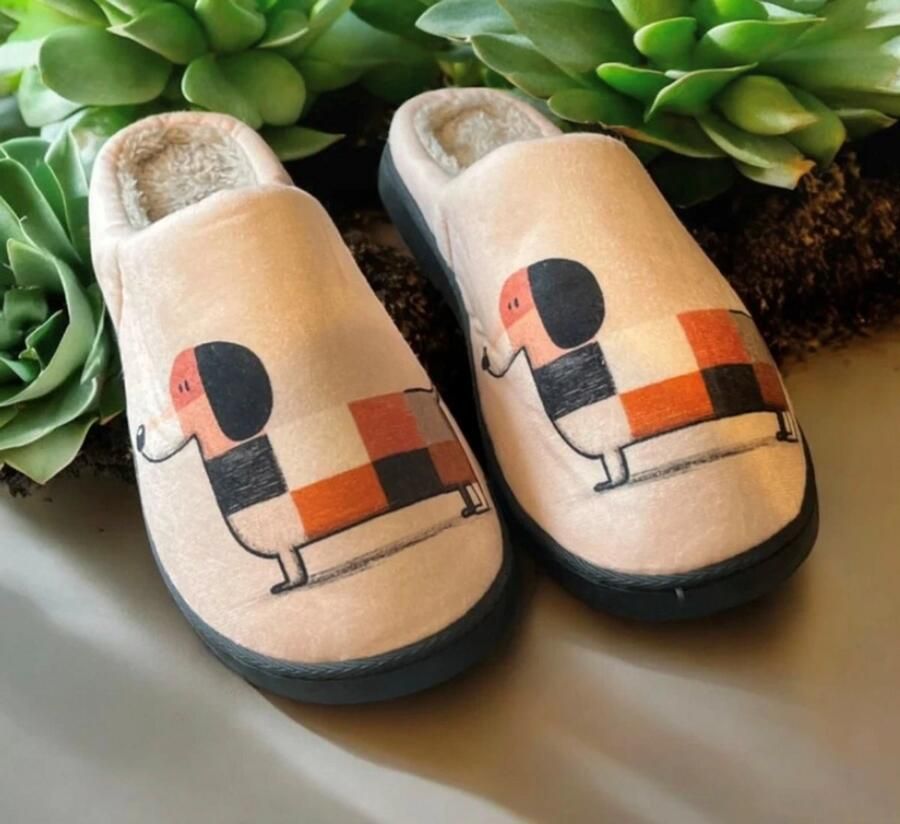 Haflinger Teckel hond sloffen pantoffels grijs slippers teckel teckelprint - Foto 2