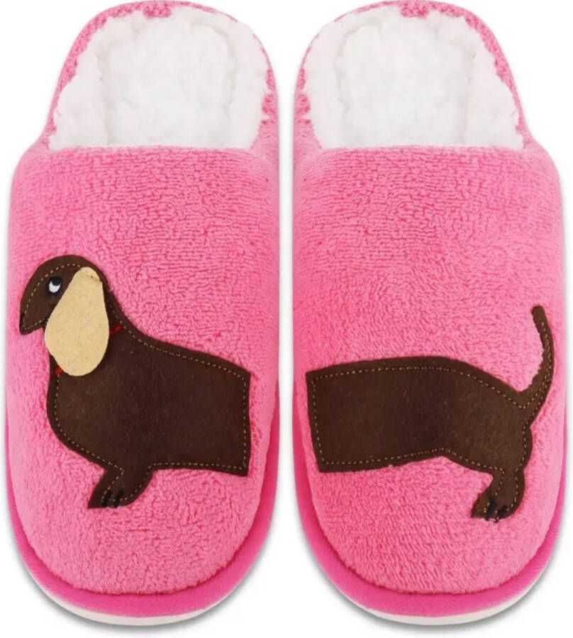 Teckel hond sloffen pantoffels roze slippers teckelprint