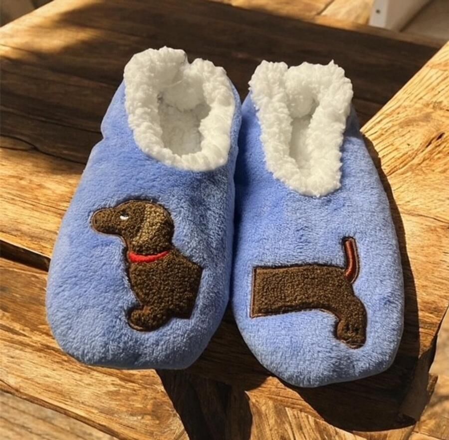 Teckel hond sloffen pantoffels teckelprint slippers lila blauw one size teckel sloffen