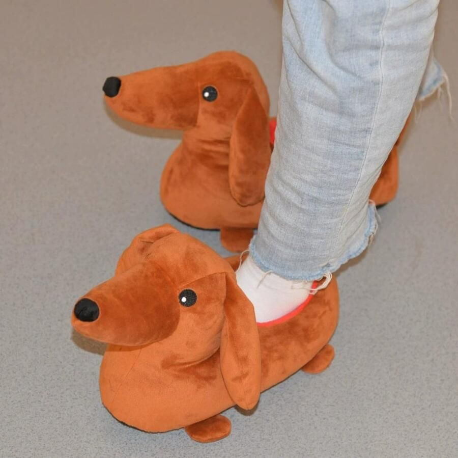 Teckel pluche pop dier wollige Kerstmis grappige slippers voor kinderen volwassenen dames