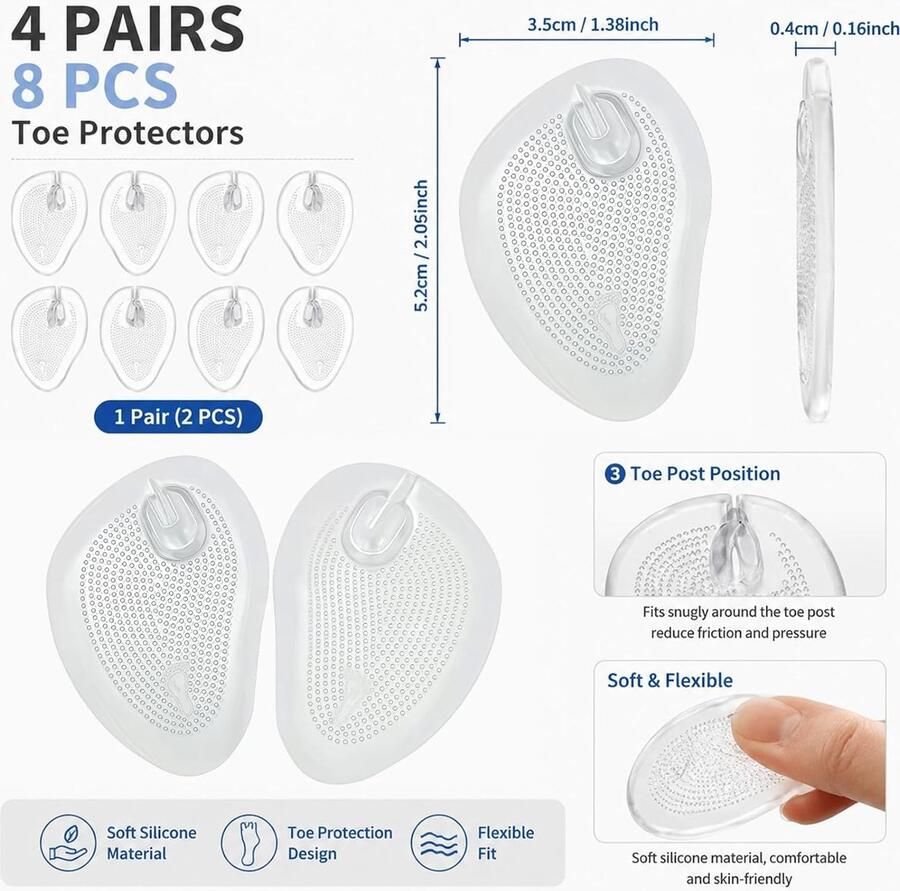 Teenbeschermers voor slippers en sandalen Siliconen gel kussens tegen blaren antislip voorvoetkussens en zelfklevende inlegzolen