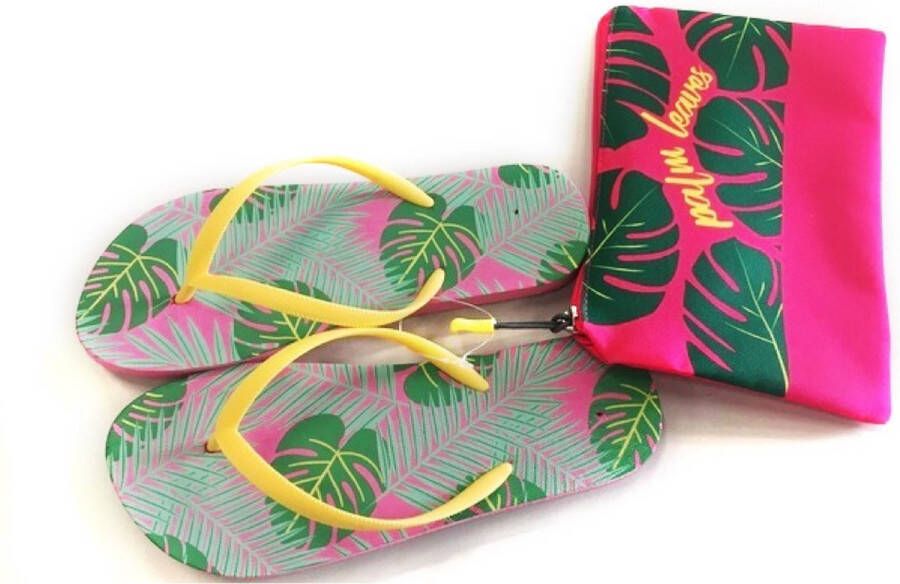 Teenslippers + draagtas Palm print roze geel groen