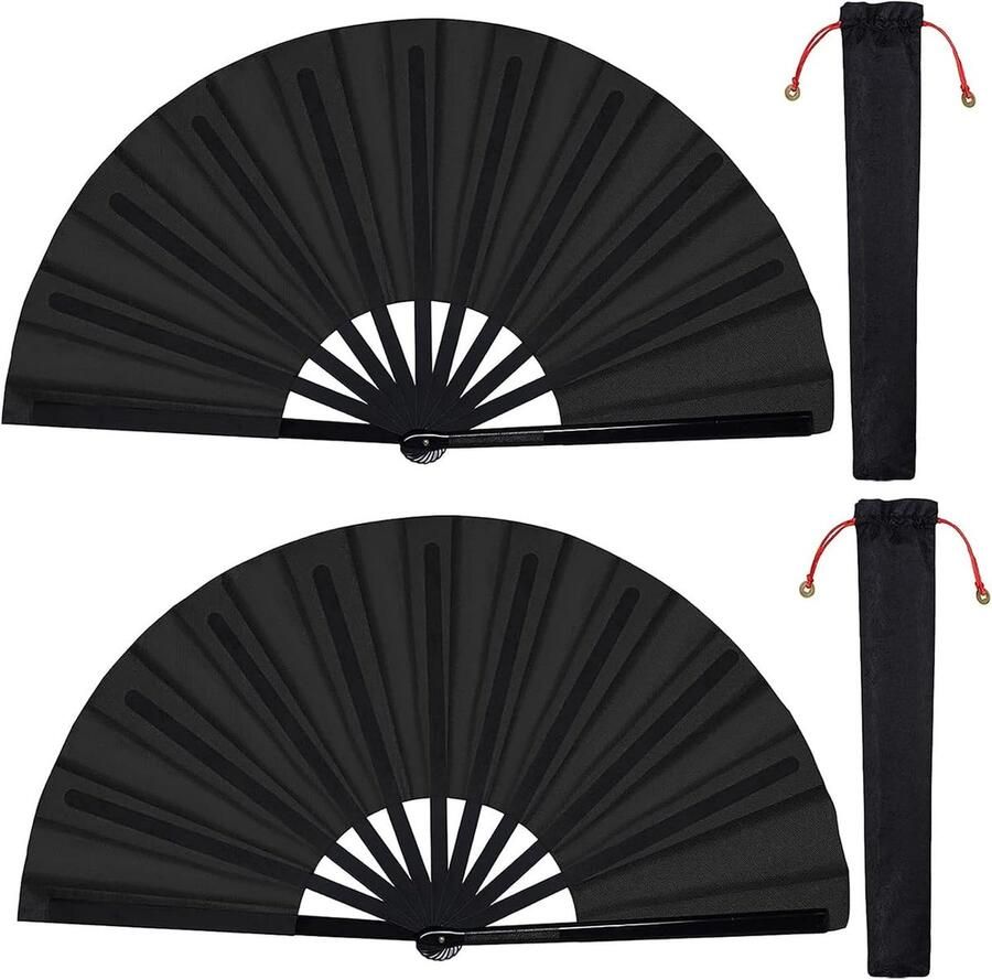 Thijox 2 Stuks Grote Opvouwbare Chinese Tai Chi Handwaaier Nylon Doek Kung Fu Fan met Houder en Mouwen voor Perfor ce Dansen Decoraties Festi