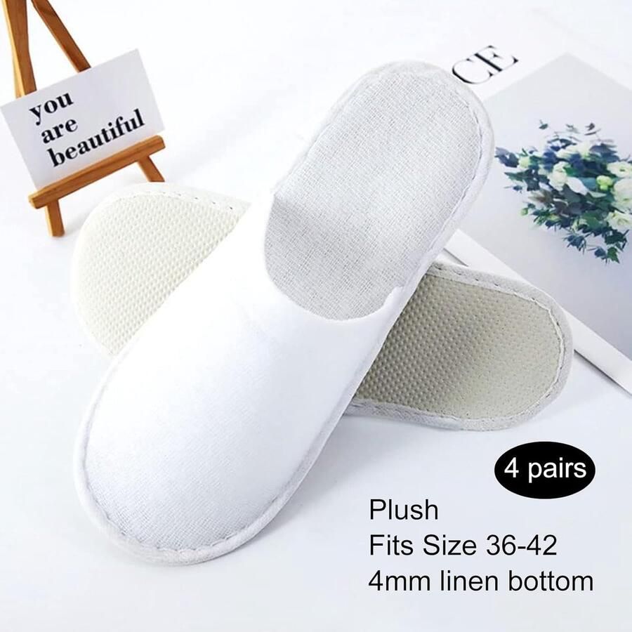 Thijox Hotelslippers voor en Wegwerpschoenen Badstof Pantoffels 4 Paar Witte Gastenpantoffels