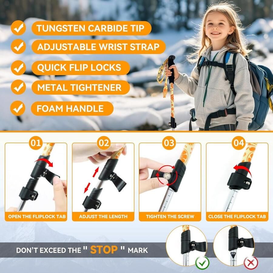 Thijox Opvouwbare Trekkingstokken voor Kinderen Lichtgewicht Verstelbare Wandelstokken Aluminium Intrekbaar Ontwerp voor Wandelen en Skiën (6