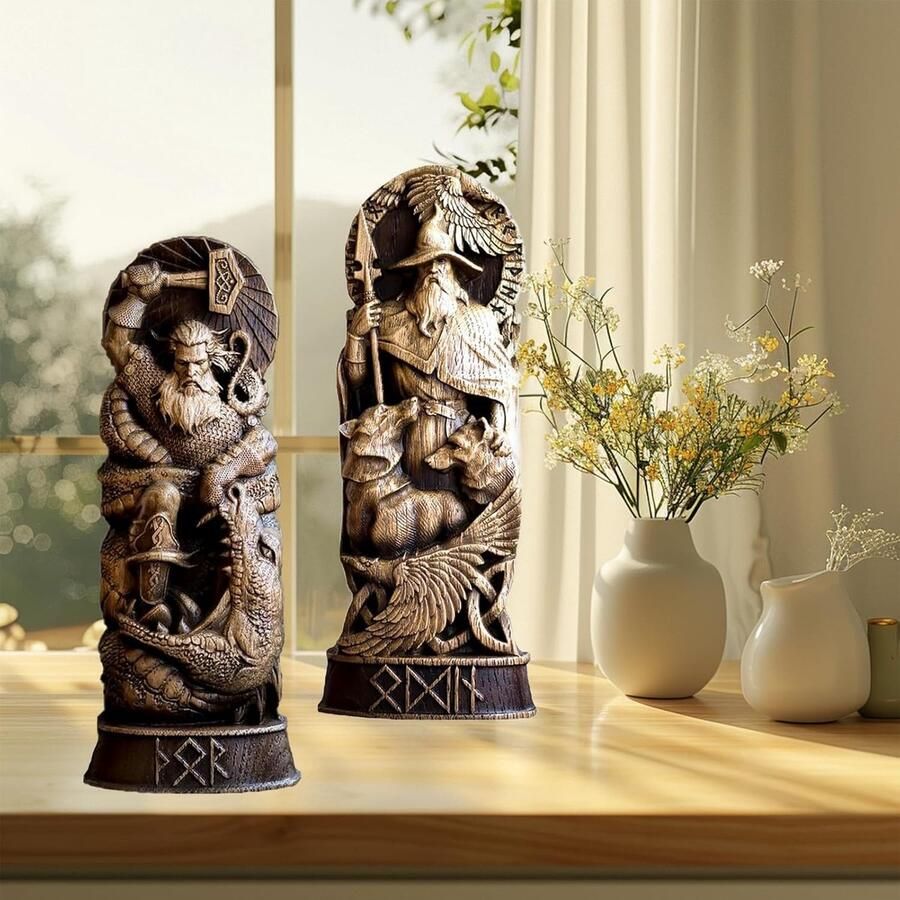 Thors hamerbeeld imitatiehout snijwerk kunsthars ornamenten kunsthars kunsthandwerk mythologie-ornamenten Viking-decoratiebeeld Thor God geest decoratie (Thors hamerbeeld)