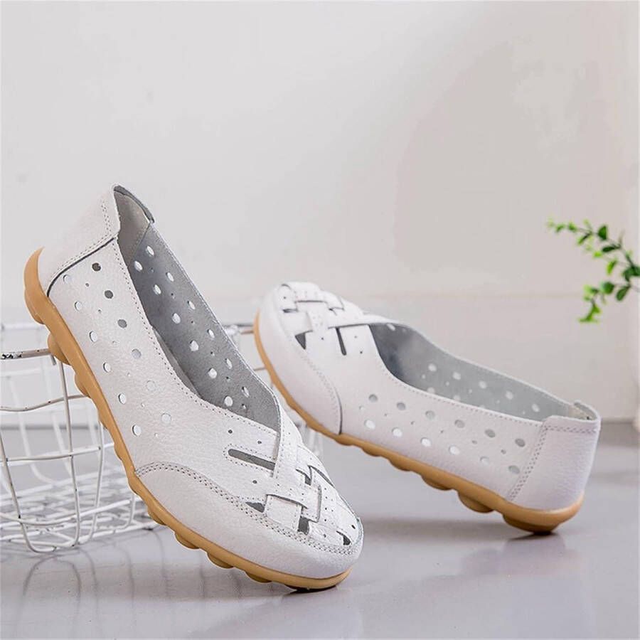 Titel: Dames Holle Comfortabele Leren Loafers Casual Ronde Neus Mocassins Rij Flats Geschikt voor Wandelen Wit