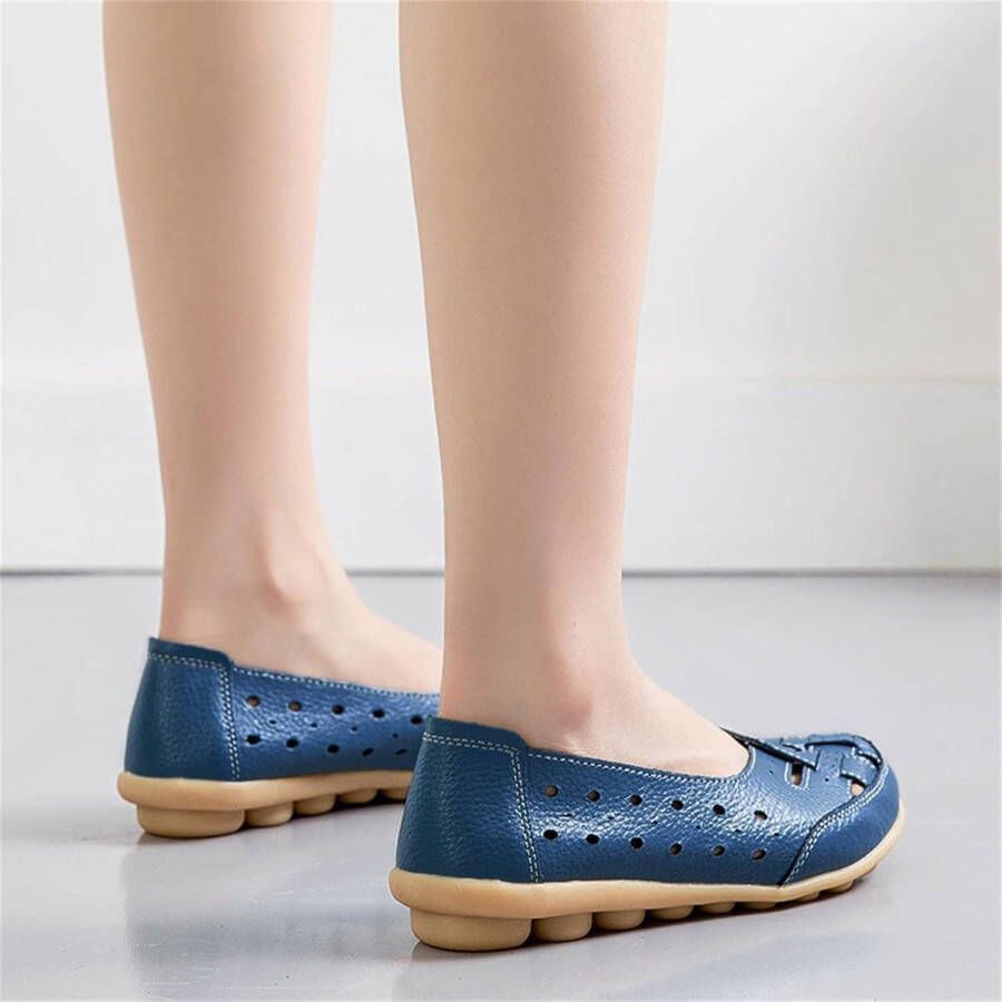 Titel: Dames Loafers met Uitsparingen Comfortabele Leren Mocassins Casual Flats voor Vrouwen Marineblauw