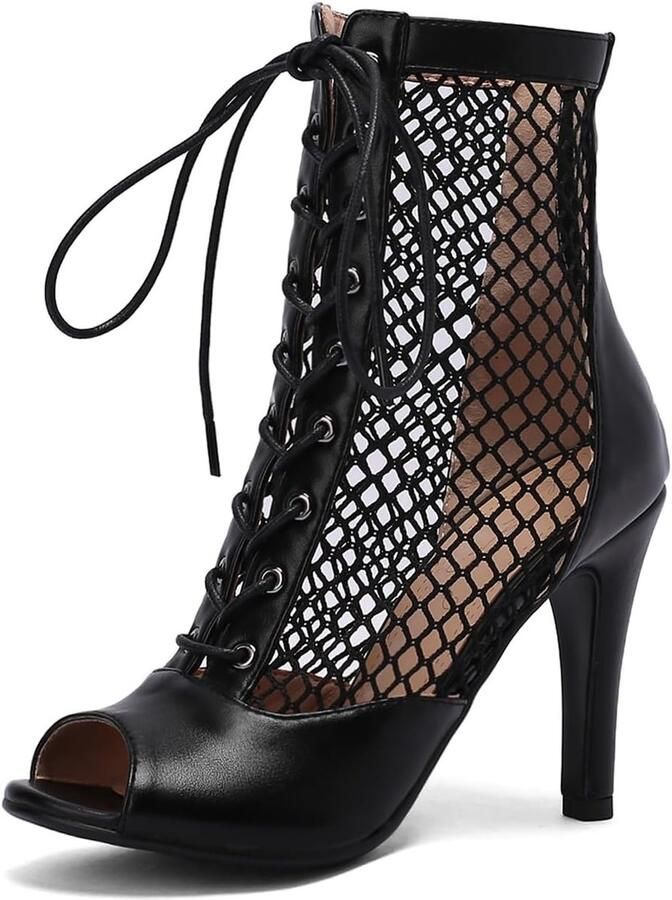 Toe Laarzen met Hak van Schapenvacht met Netting Latijnse Salsa Tango Bachata Dansschoenen Zwart L 38.5