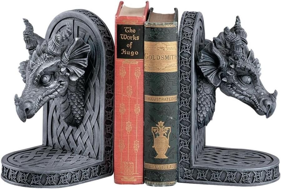 Toscano Grijze broeder draak gotische standbeeld boek eindigt set van twee polyresin grijze steen