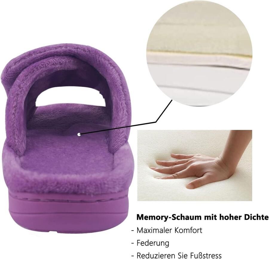 Traagschuim pantoffels voor dames met verstelbare klittenbandsluiting voor diabetici brede open teen huisschoenen voor binnen en buiten lila 42 43