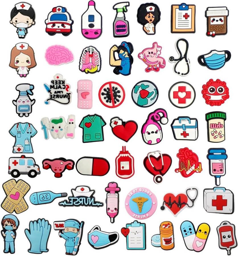 Trankielo Medical Shoes Charms Set van 50 stuks voor Clogs en Sandalen DIY Schoenversiering Cartoon Schoenversiering Medische Schoenen Accessoires Verpleegkundige Charms