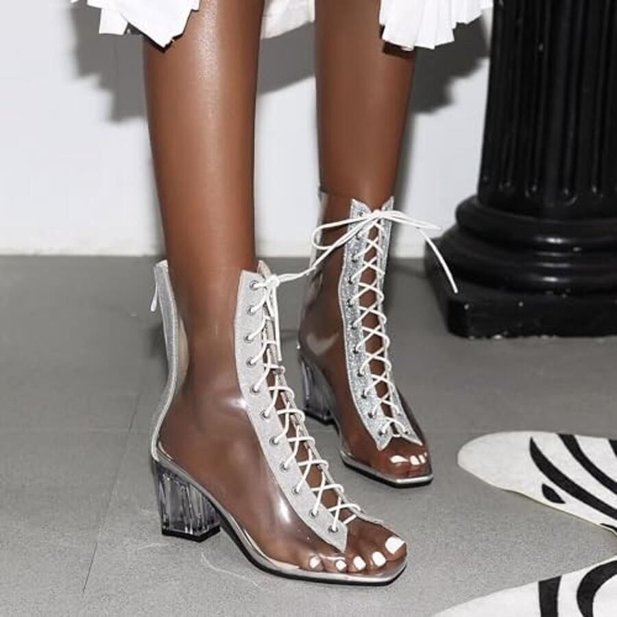 Transparante sandalen met veters en blokhak Zilver