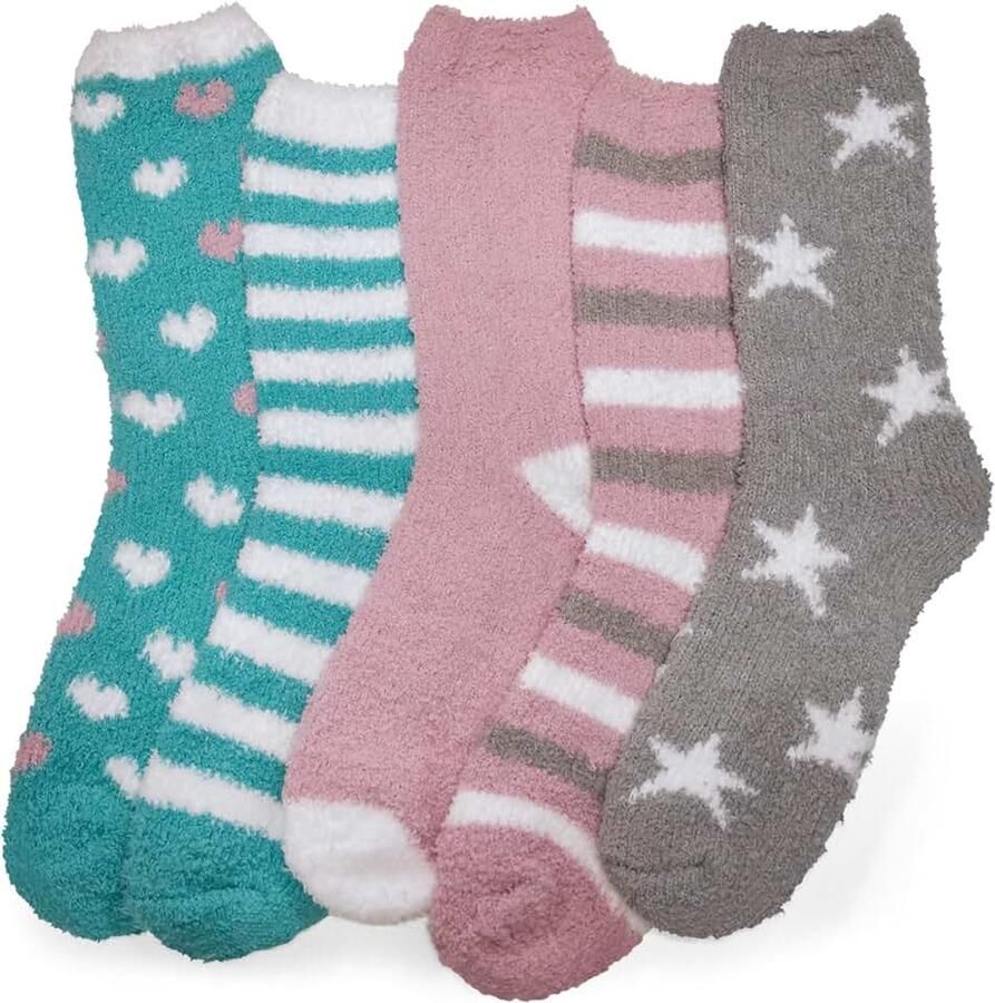 Treasure 5 Paar Knuffelsokken Dames Warme Bedsokken Kleurenmix Zacht en warm materiaal OEKO-TEX ideaal om in te slapen of thuis te dragen motieven