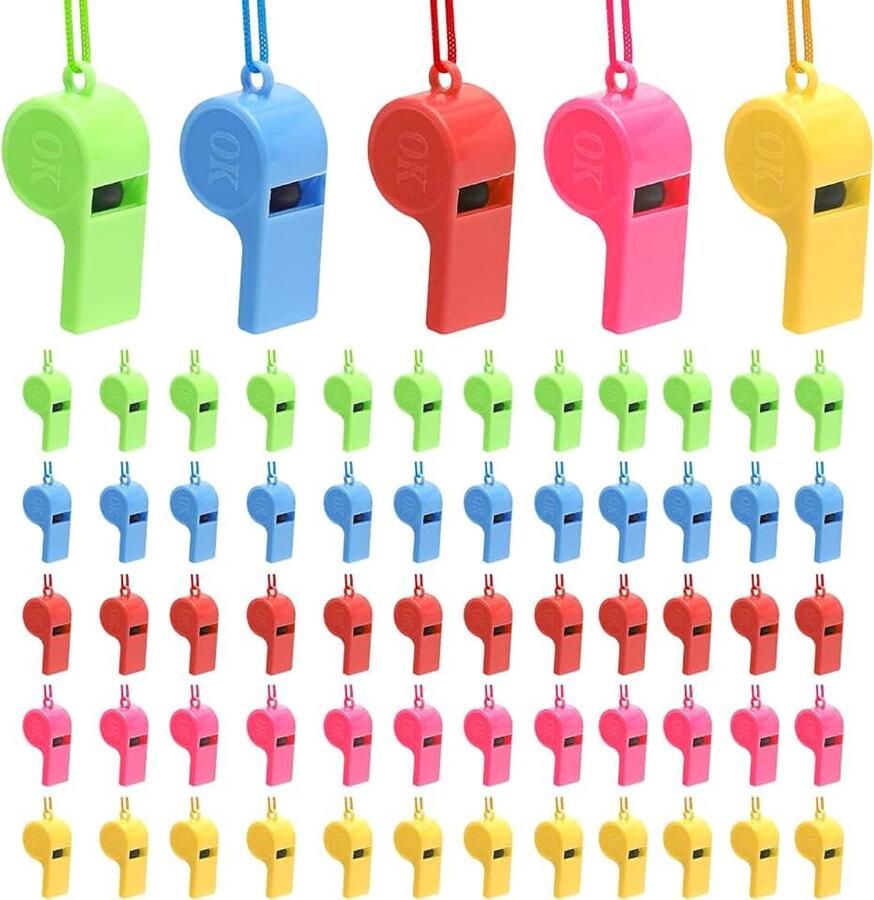 Trillerfluitje 60 stuks fluitje voor schoolsport in 5 kleuren met draagband scheidsrechterfluitje voor spelletjes ook in noodgevallen voor kinderen en volwassenen te gebruiken