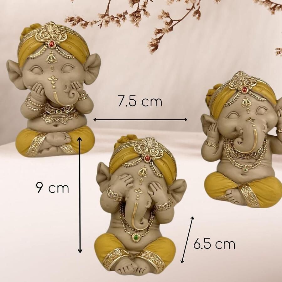 Trio van Ganesh iconische wijsheid niets zien niets horen niets zeggen symbolisch ensemble vredige en vrolijke sfeer Zen-decoratie H geel Zen'Light