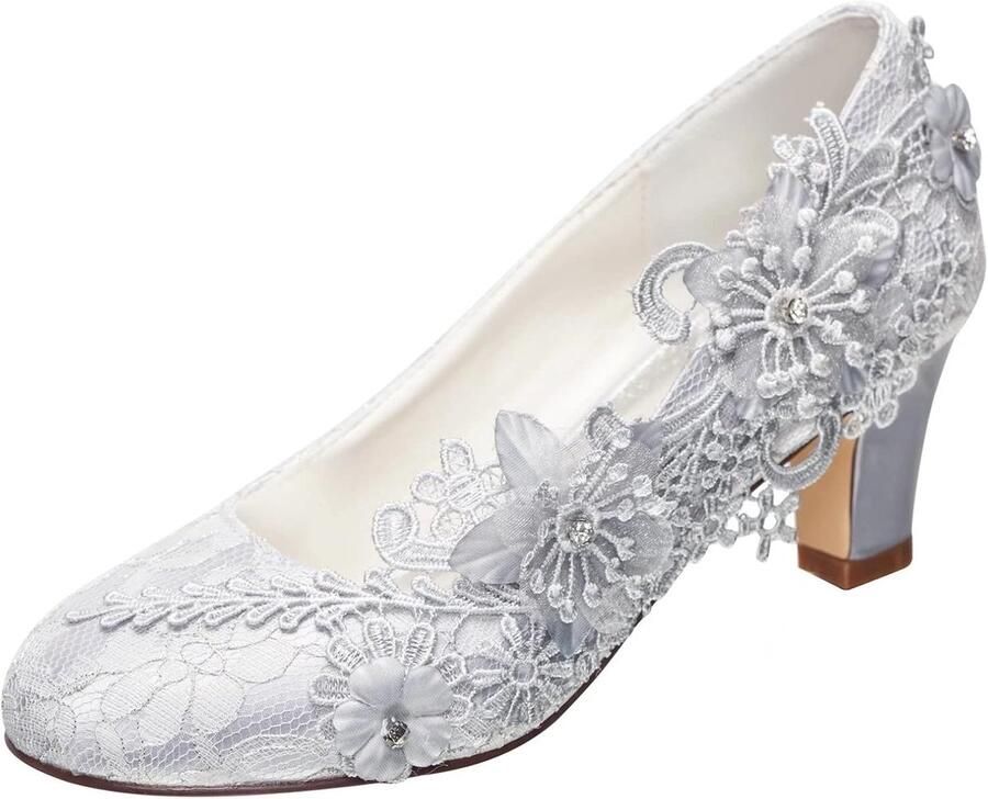Trouwschoenen voor dames zijdeachtige satijnen pumps met dikke hak en stiksels kant bloem kristal parel zilver - Foto 1