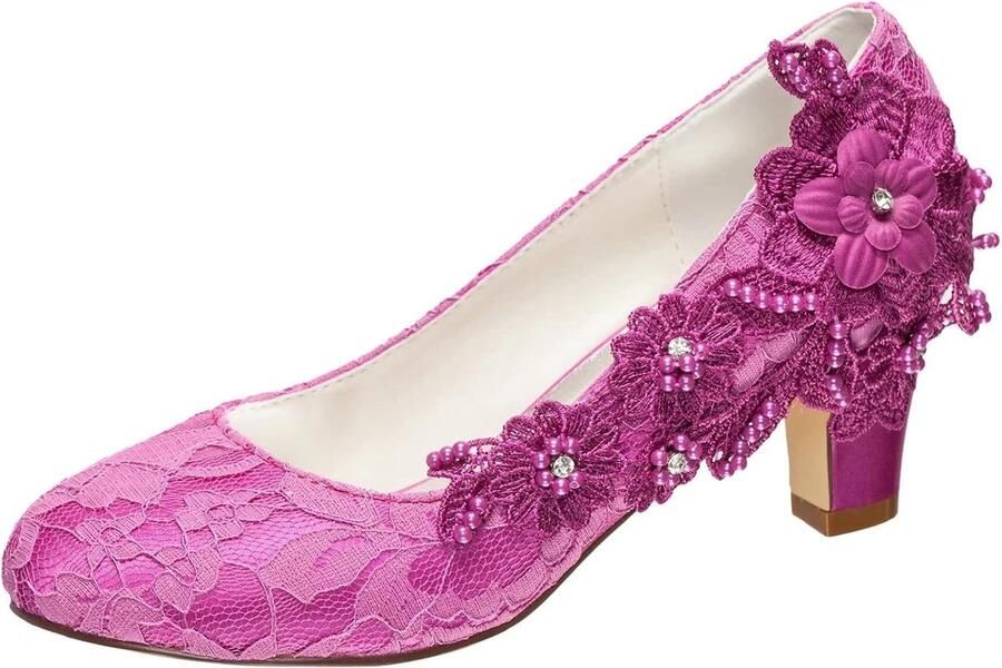 Trouwschoenen voor dames zijdeachtige satijnen pumps met dikke hak en stiksels kant bloem kristal parel Fushcia 36.5