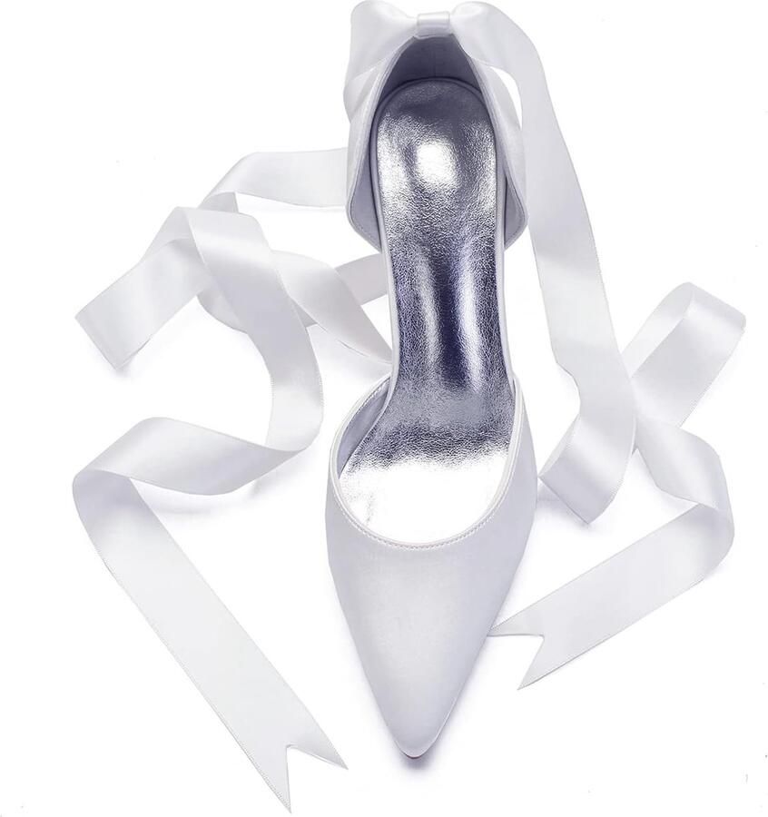 Trouwschoenen Voor Vrouwen Stiletto Hakken Puntige Teen Bruidsschoenen Satijn Lace-Up Pompen Voor Bruiloft Feest Of Werkplek Zwart