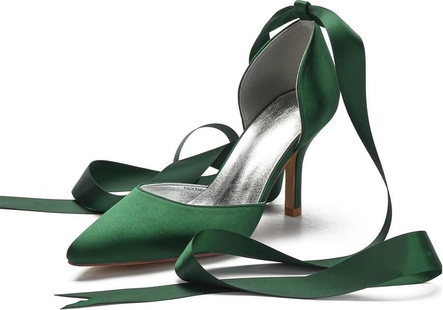 Trouwschoenen Voor Vrouwen Stiletto Hakken Puntige Teen Bruidsschoenen Satijn Lace-Up Pompen Voor Bruiloft Feest Of Werkplek Donker Groen