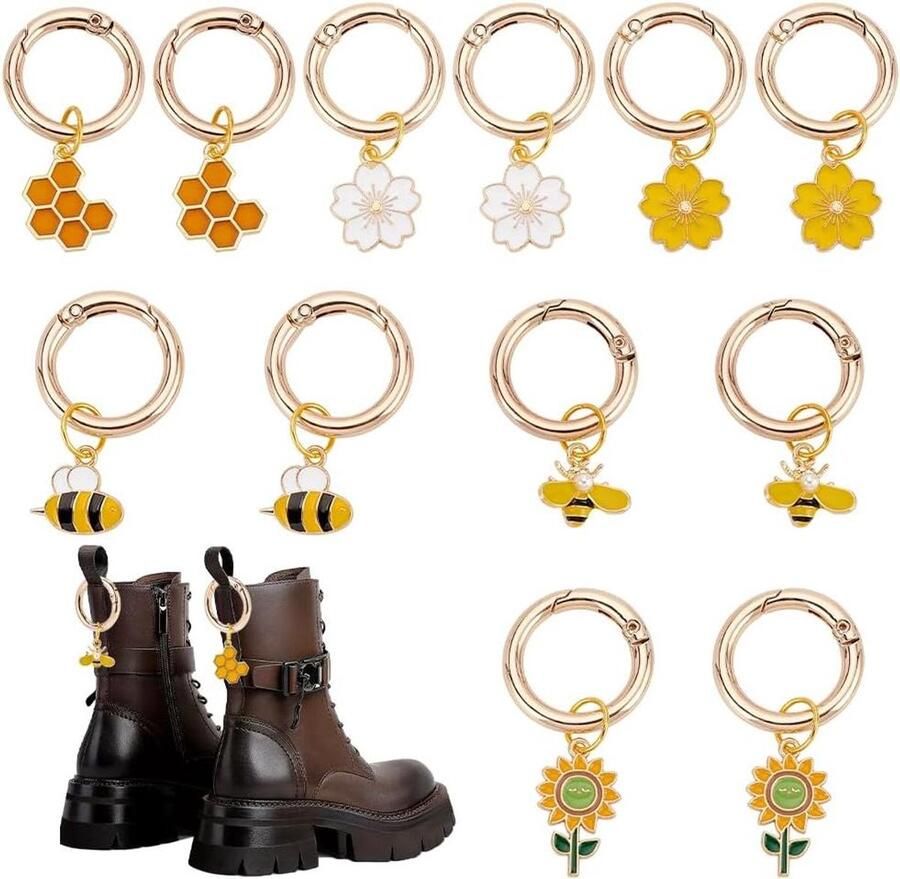 TTGoods Emaille Schoenbedels: Set van 12 stuks in 6 stijlen Bloem Bij Boot Dier Gouden Schoenveter Bedels met Ringen Voor Vrouwen Sneaker Laarzen