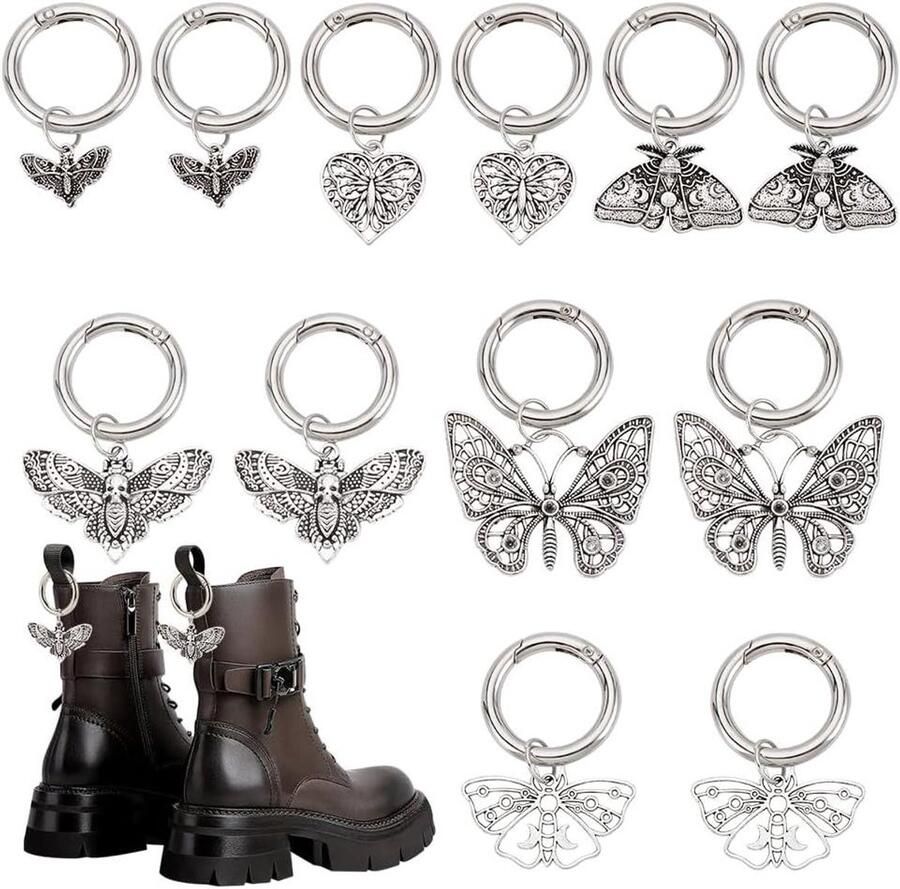 TTGoods Schoenbedels voor Sneakers en Sandalen in Gothic Punk Stijl Set van 12 Vlinders Hartvorm Halloween Platina Kleur