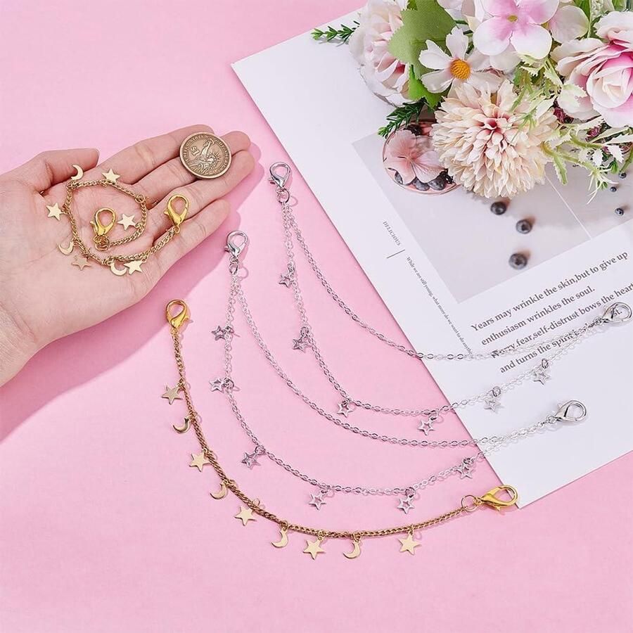 TTGoods Schoenkettingen set van 4: maan en ster hangers lang 2 kleuren Dames en meisjes Glinsterend Laarsriemkettingen Clogs en sandalen