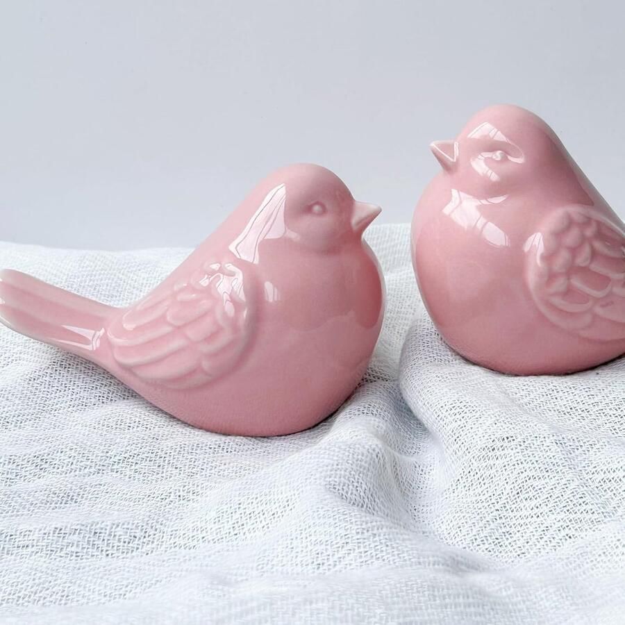 Tuin huisje porselein roze vogel decor vogel beeldjes set van 2 decoratieve roze geglazuurde keramische vogel beeldje vogel standbeeld vogel sculptuur thuis bruiloft huis decor