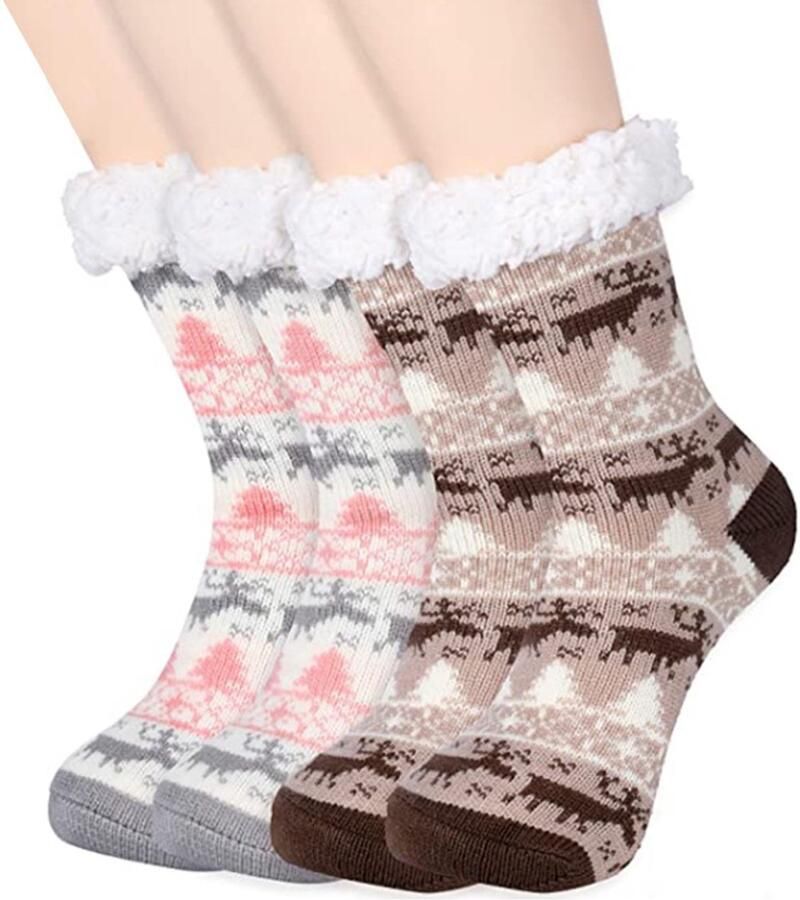 Twee paar warme zachte met lamswol gevoerde antislip slippers en sokken Geschikt voor dames