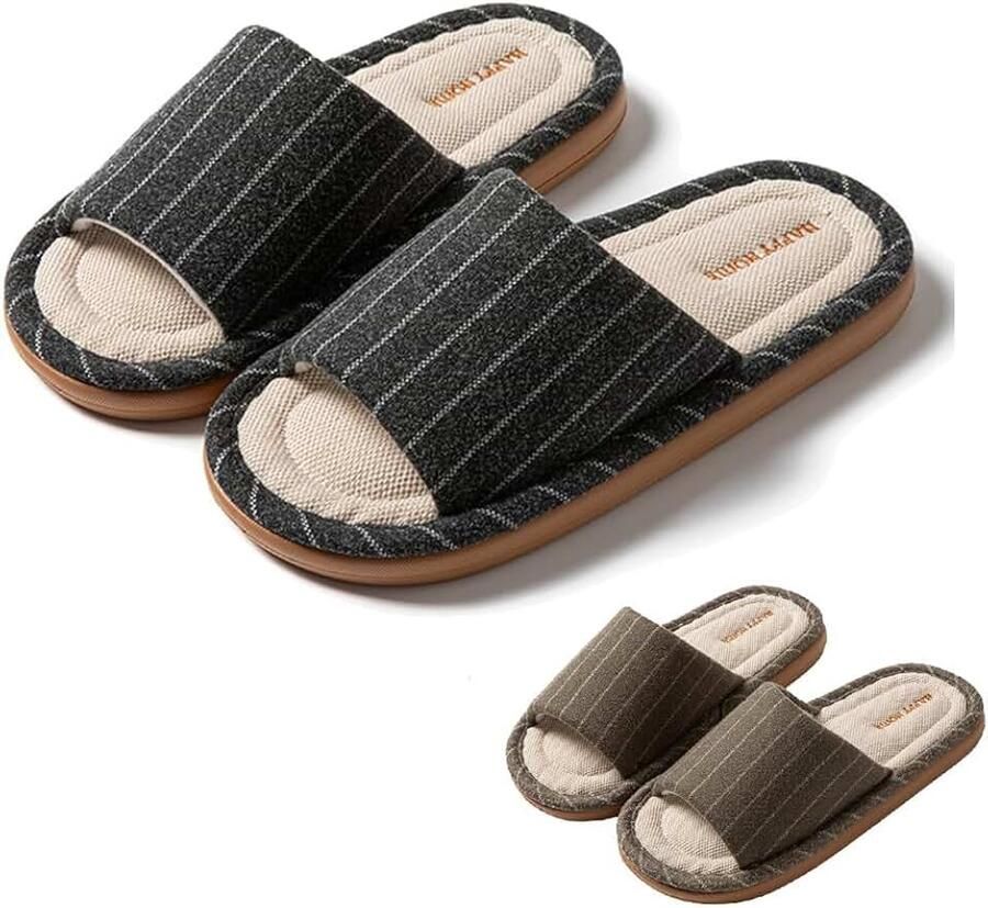 Uniseks 2 paar badslippers gastenpantoffels open ademende katoenen linnen pantoffels wasbaar antislip ideaal voor gasten familie hotel reizen