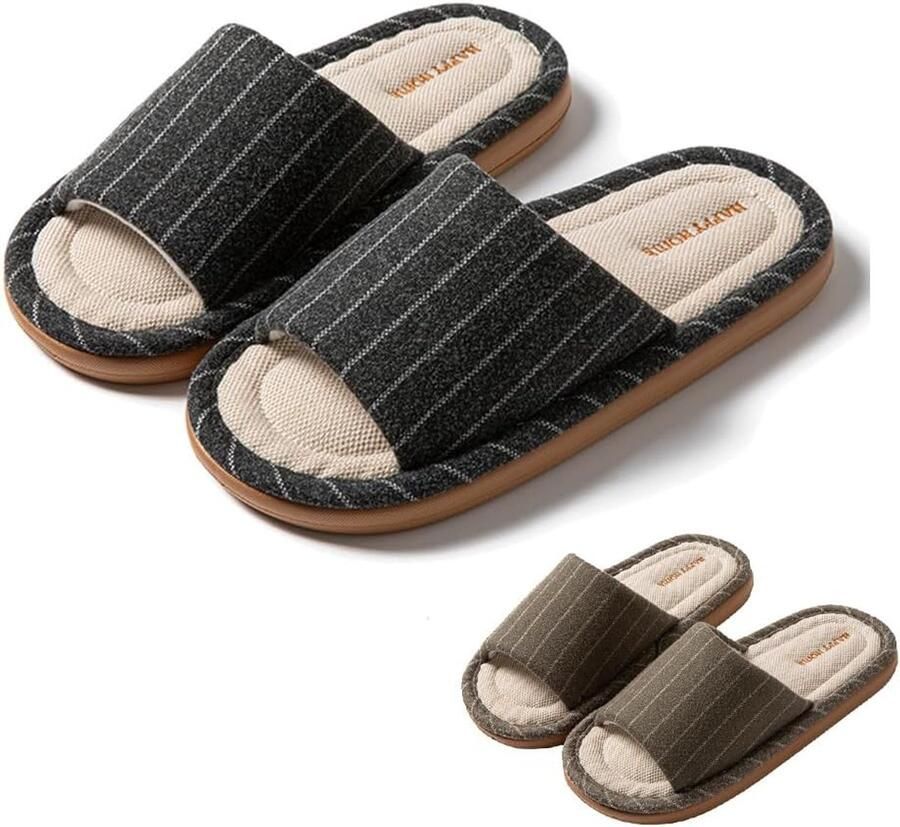 Uniseks 2 paar badslippers gastenpantoffels open ademende katoenen linnen pantoffels wasbaar antislip ideaal voor gasten familie hotel reizen