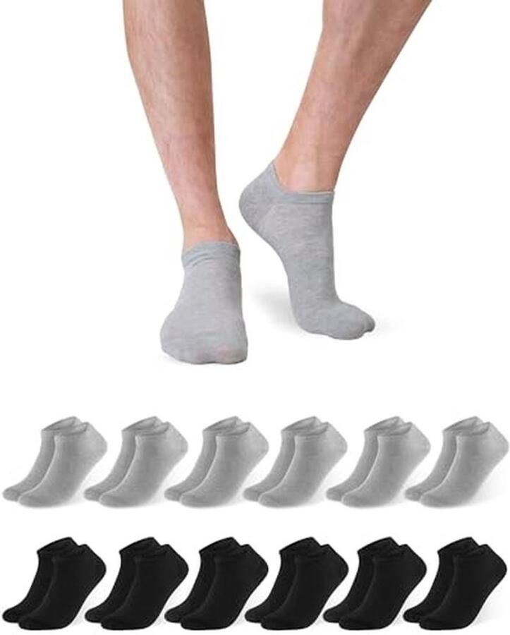 Unisex Korte Sportsokken 12 Paar Katoenen Trainer Sokken in Zwart en Grijs