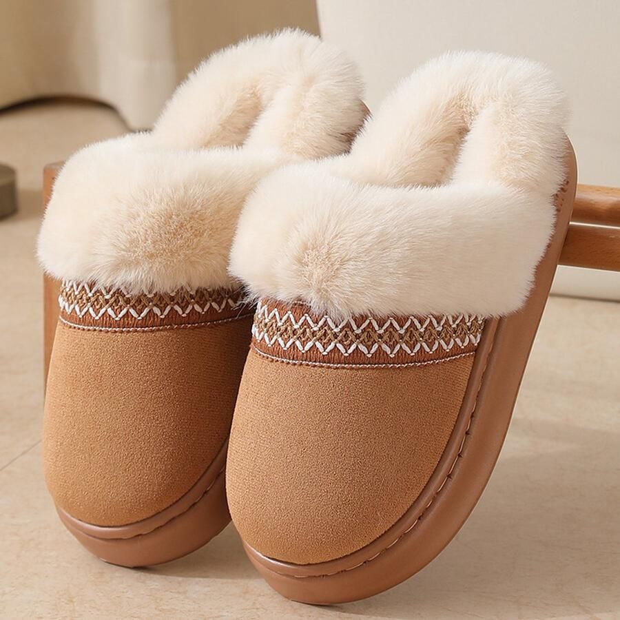 Unisex winterslippers van katoen stijlvolle en warme slippers met kanten afwerking comfortabele katoenen slippers voor binnen en buiten Kameel is geschikt voor voeten met een omtrek van