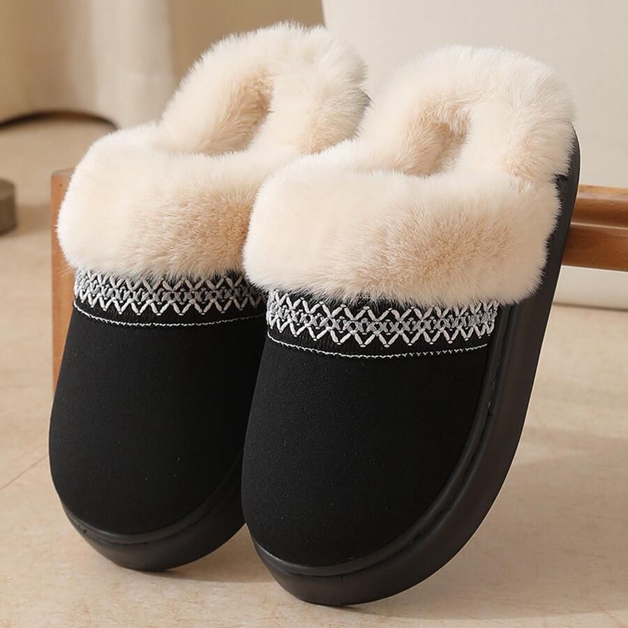 Unisex winterslippers van katoen stijlvolle en warme slippers met kanten afwerking comfortabele katoenen slippers voor binnen en buiten Zwart is geschikt voor voeten met een omtrek van 39