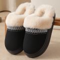 Unisex winterslippers van katoen stijlvolle en warme slippers met kanten afwerking comfortabele katoenen slippers voor binnen en buiten Zwart Schoenzool is geschikt voor voet - Zwart