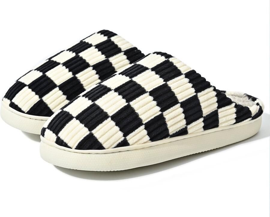 Unisex winterslippers voor en pluizige instapslippers voor antislip binnen- en buitenschoenen dikke katoenen slippers met zool voor stellen Zwart [Buitenschoenlengte binnenschoenlengte ]