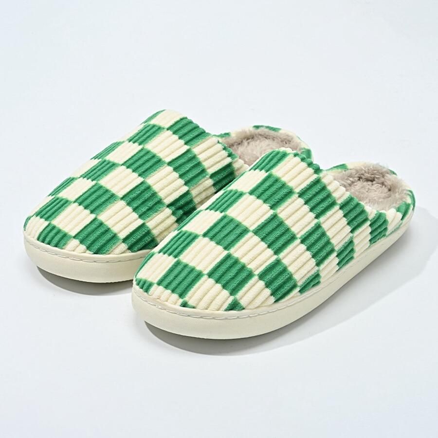 Unisex winterslippers voor en pluizige instapslippers voor antislip binnen- en buitenschoenen dikke katoenen slippers met zool voor stellen Groen [Buitenschoenlengte binnenschoenlengte ]