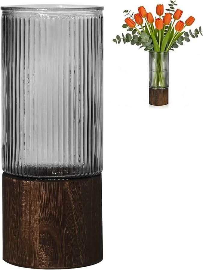 Vaas hoge cilindrische vaas met houten voet voor woondecoratie woonkamer slaapkamer keuken eettafel open haard kantoor (geribbeld)