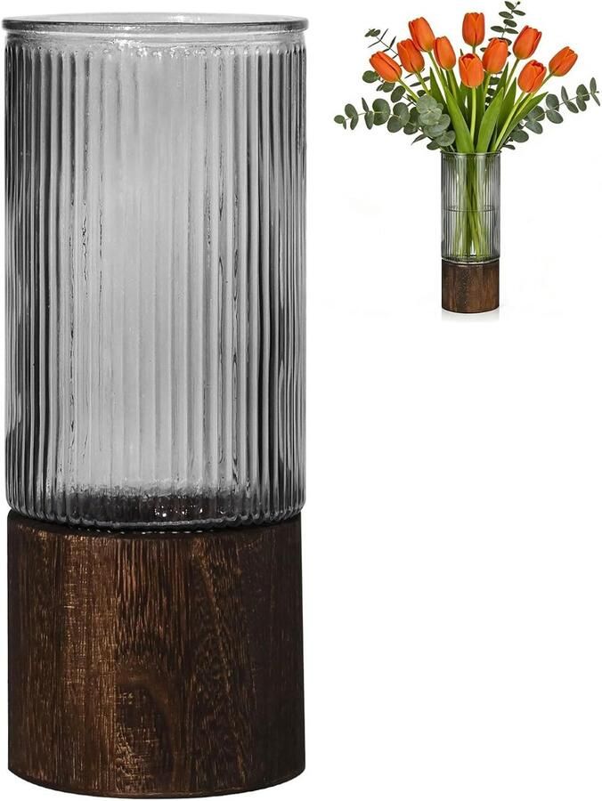 Vaas hoge cilindrische vaas met houten voet voor woondecoratie woonkamer slaapkamer keuken eettafel open haard kantoor (geribbeld)