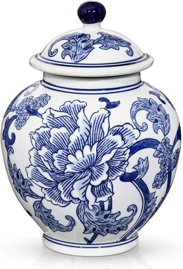 Vaas met deksel en blauwe en witte porseleinen deksel Chinese handbeschilderde vintage keramische vaas met pioenroos blauwe en witte porseleinen vaas voor klassieke chinoiserie decoratie voor