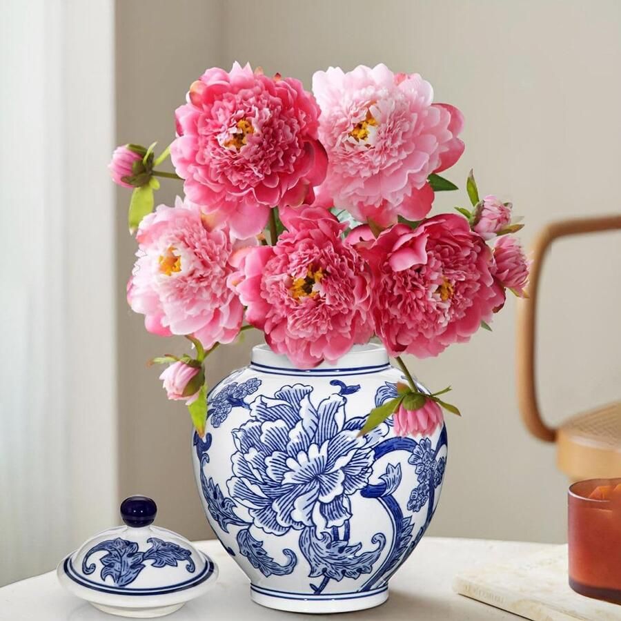 Vaas met deksel en blauwe en witte porseleinen deksel Chinese handbeschilderde vintage keramische vaas met pioenroos blauwe en witte porseleinen vaas voor klassieke chinoiserie decoratie voor