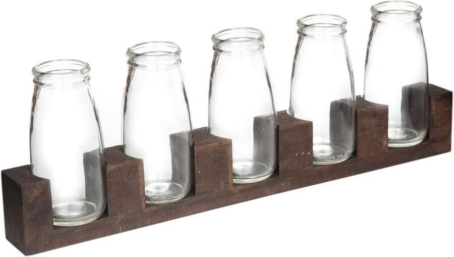 Vaas met houten standaard set van 5 40 x 415 x 140 mm Houten standaard Glazen vaas Vervaardigd uit duurzaam Turks hout Hand geblazen glas Bruin