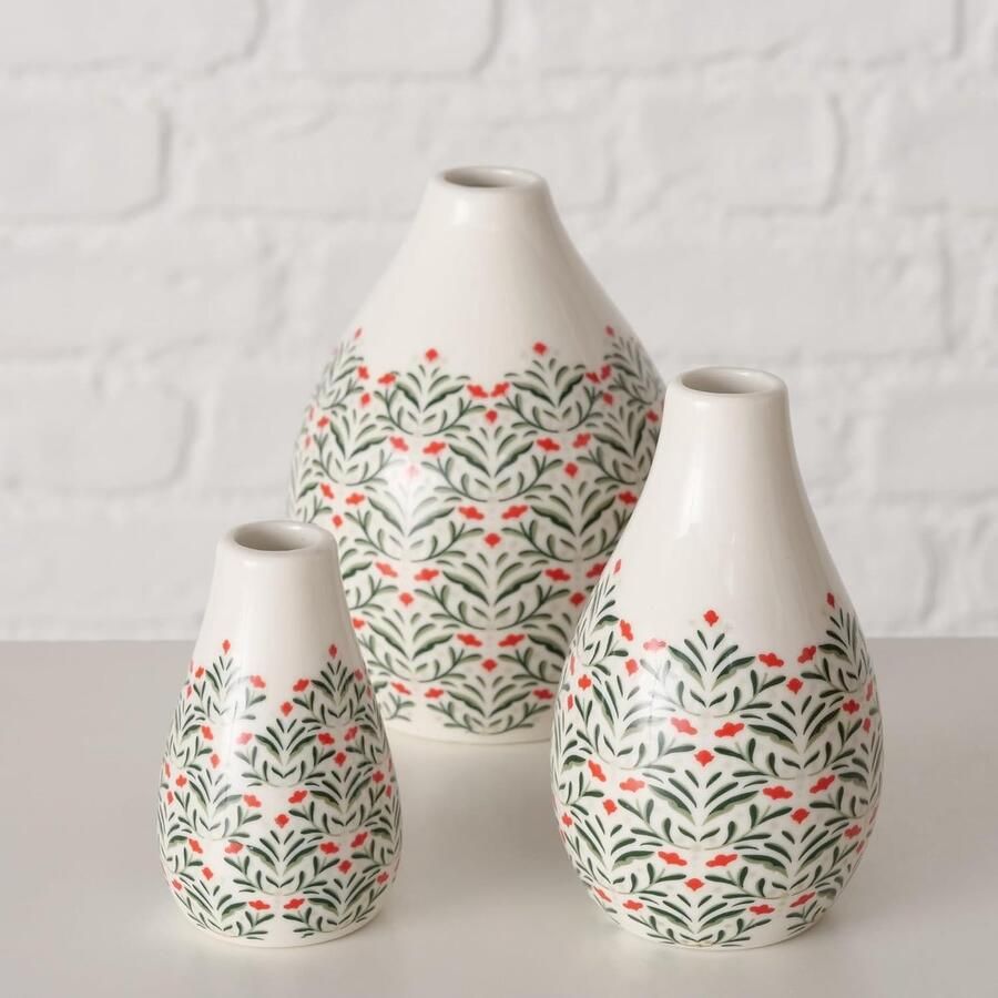 Vaas Parijs 3-delig kleur groen wit porselein bloemendesign hoogte Ø rond handgemaakt waterbestendig bloemenvaas decoratie)