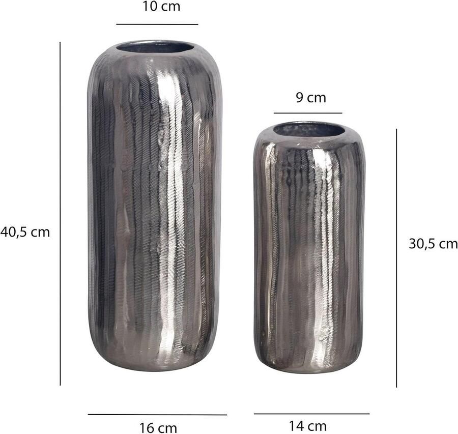 Vaas Set van 2 Aluminium Zilver Cilinder Bloemenvaas siervazen rond tafelvazen handgemaakt woondecoratie voor woonkamer dressoir en eettafel tafeldecoratie