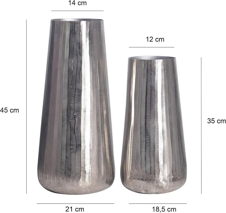 Vaas Set van 2 Aluminium Zilver Conisch Bloemenvaas siervazen rond tafelvazen handgemaakt woondecoratie voor woonkamer dressoir en eettafel tafeldecoratie