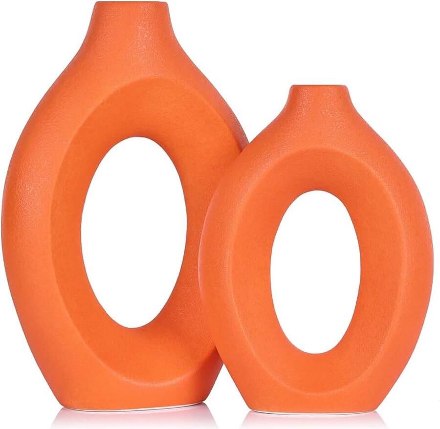 Vaas set van 2 moderne holle mat oranje keramische vaas Boho ins stijl decoratieve Pampas gras bloemenvaas voor woonkamer centerpieces bruiloft slaapkamer eettafel en kantoordecoratie