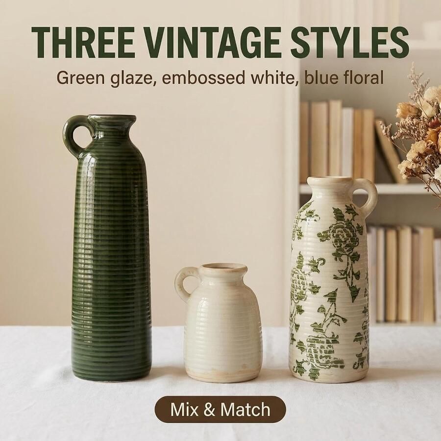 Vaasset van 3 met handgrepen groen wit neutraal rustiek modern boerderij boho decor veelzijdig als tafelstuk of mantel & rek accent uniek cadeau-idee voor thuis